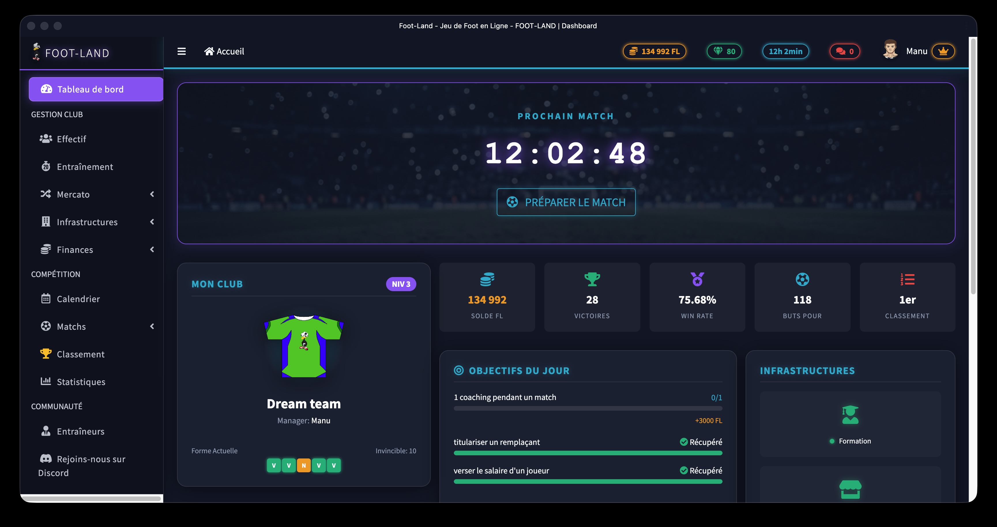 Interface de gestion d'équipe Foot-Land